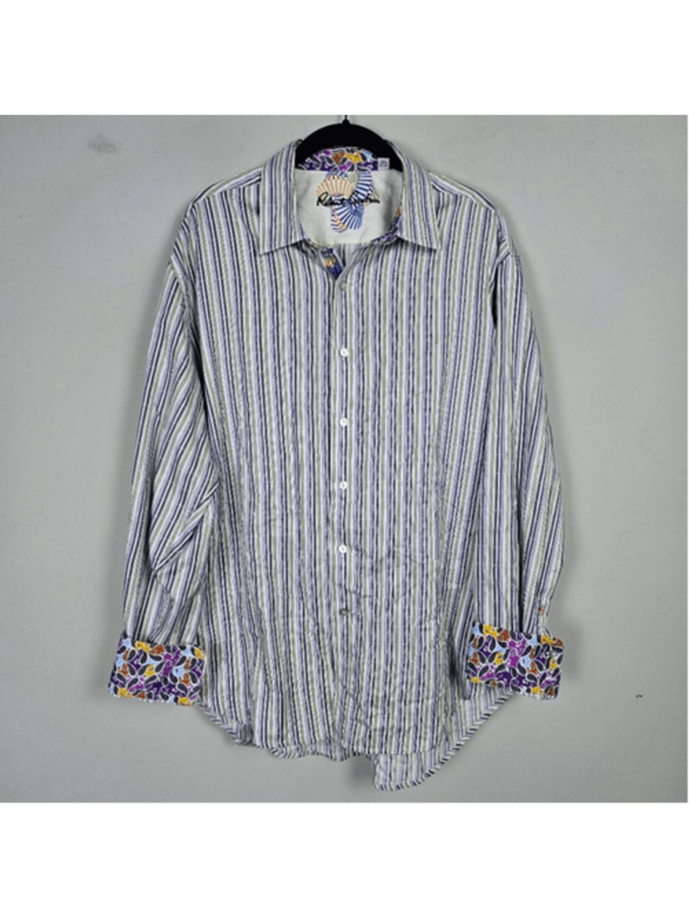 Robert Graham Mens Flip Cuff Button Up Shirt XL Purple Striped Preppy Career